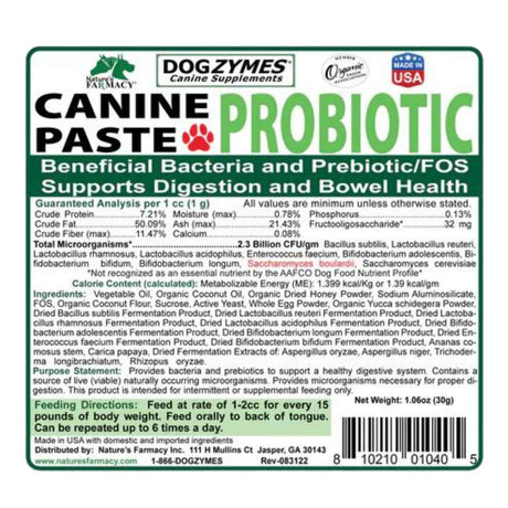 Nature's Farmacy Dogzymes Probiótico para Caninos  - 15 g - Tabla Nutricional - Haz Tu Pedido