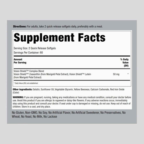 Piping Rock Zeaxantina y Luteína para la Salud Visual 50 mg - 120 Cápsulas Blandas - Tabla Nutricional - Haz Tu Pedido