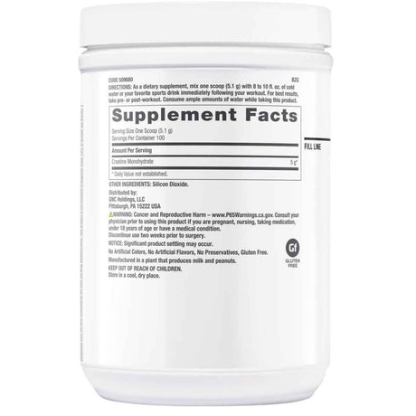 GNC Monohidrato de Creatina Rendimiento Profesional 5000 mg - 510 g - Tabla Nutricional - Haz Tu Pedido
