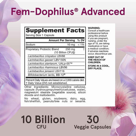 Jarrow Formulas Fem-Dophilus® Probióticos Avanzados 10 Mil Millones CFU - 30 Cápsulas Vegetales - Tabla Nutricional - Haz Tu Pedido