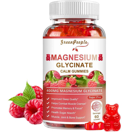 GreenPeople Suplemento de Gomitas de Glicinato de Magnesio 400 mg - Sabor Frambuesa - 60 Gomitas - Haz Tu Pedido