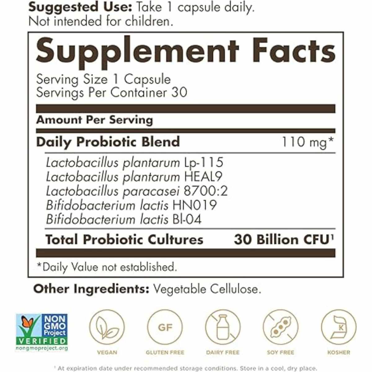 Solgar Probiótico Avanzado 30 Mil Millones CFU - 30 Cápsulas Veganas - Tabla Nutricional - Haz Tu Pedido