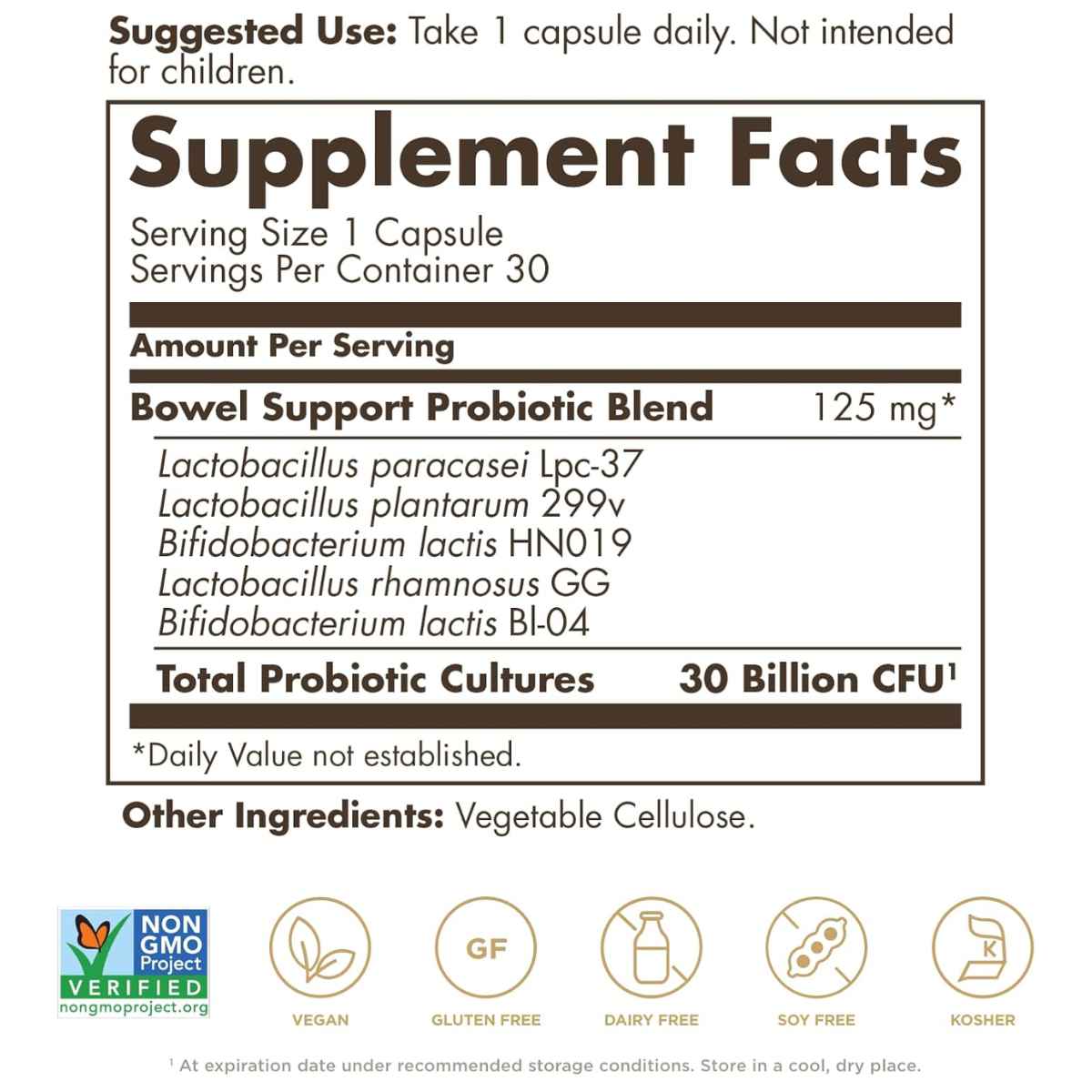 Solgar  Probiótico Avanzado Para Soporte Intestinal 30 Mil Millones CFU - 30 Cápsulas Veganas - Tabla Nutricional - Haz Tu Pedido