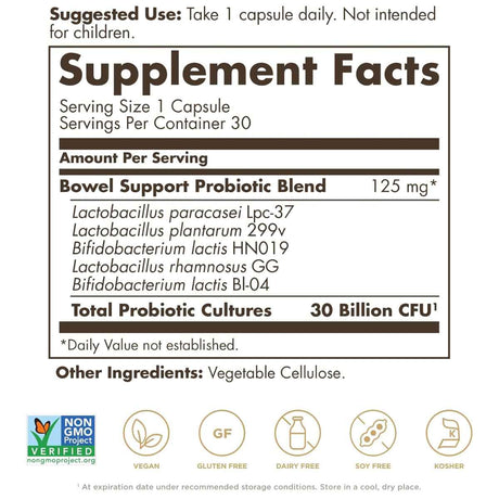 Solgar  Probiótico Avanzado Para Soporte Intestinal 30 Mil Millones CFU - 30 Cápsulas Veganas - Tabla Nutricional - Haz Tu Pedido
