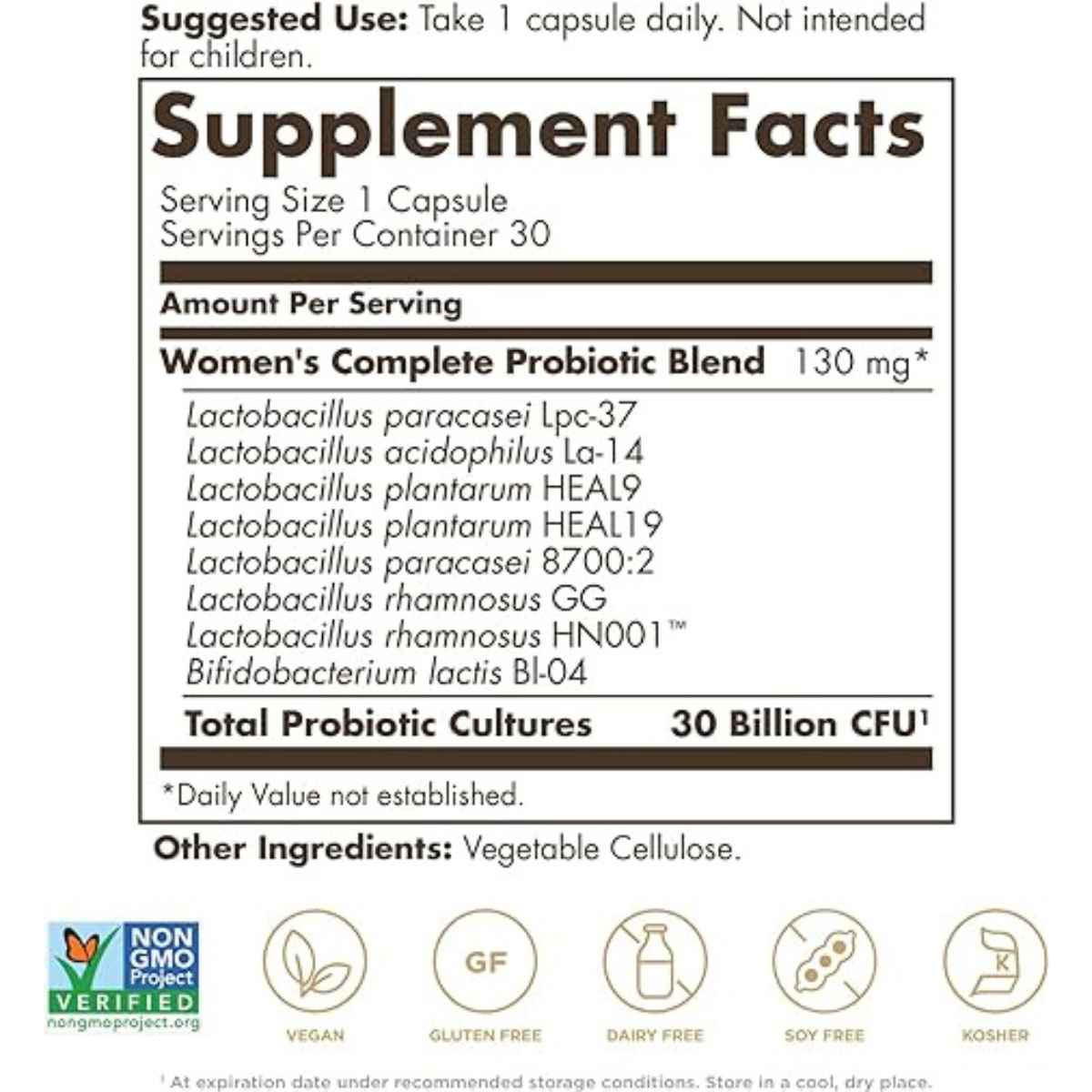 Solgar Probiótico Para Mujeres 30 Mil Millones CFU - 30  Cápsulas Veganas - Tabla Nutricional - Haz Tu Pedido