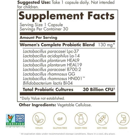 Solgar Probiótico Para Mujeres 30 Mil Millones CFU - 30  Cápsulas Veganas - Tabla Nutricional - Haz Tu Pedido