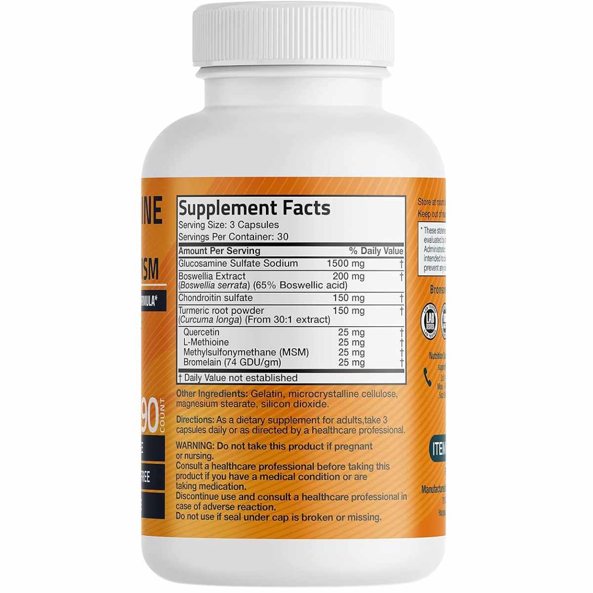 Bronson Glucosamina Condroitina Cúrcuma y MSM - 90 Cápsulas - Tabla Nutricional - Haz Tu Pedido