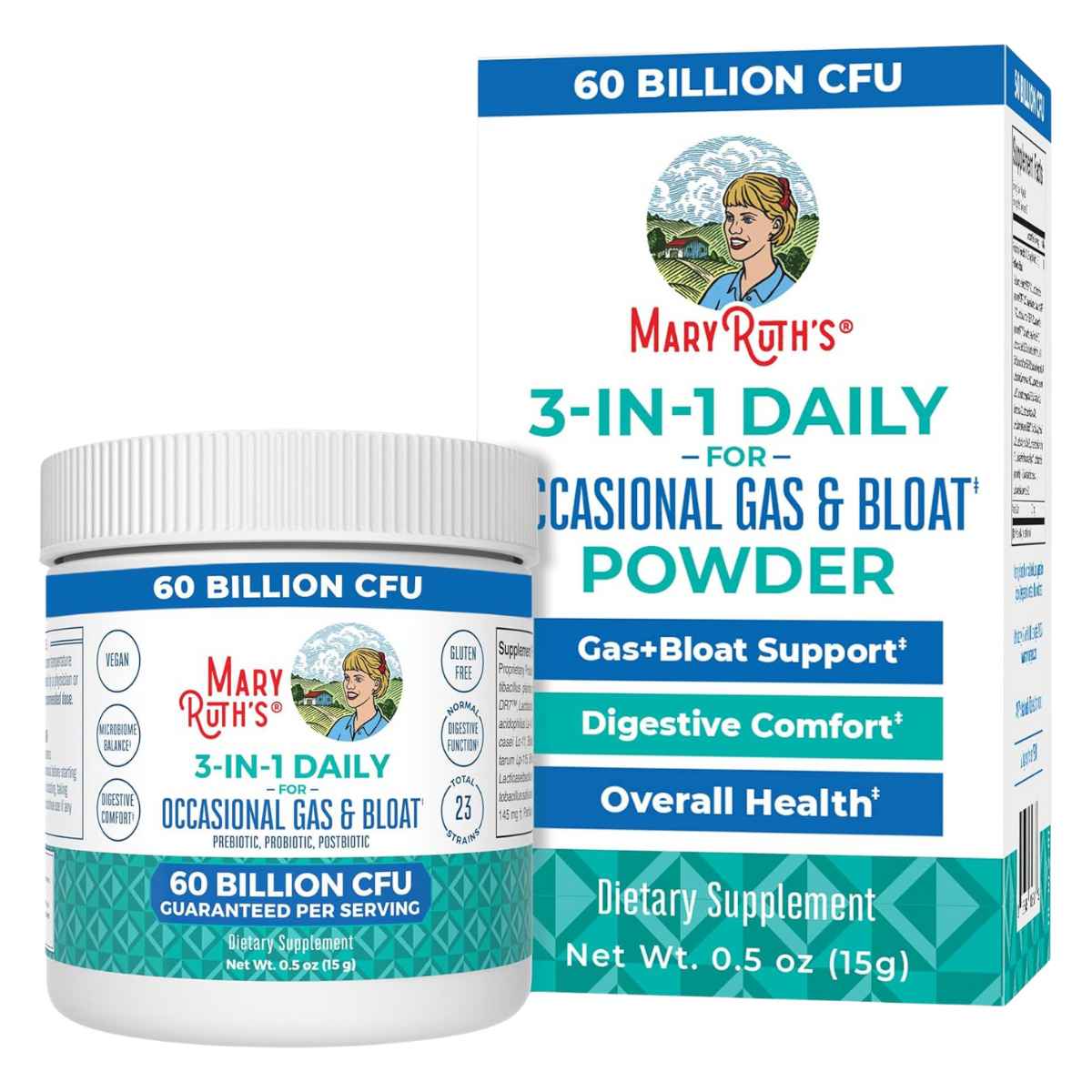 MaryRuth Organics Probiótico Triple Acción Reduce Gases y Distensión 60 Mil Millones CFU - 15 g - Haz Tu Pedido