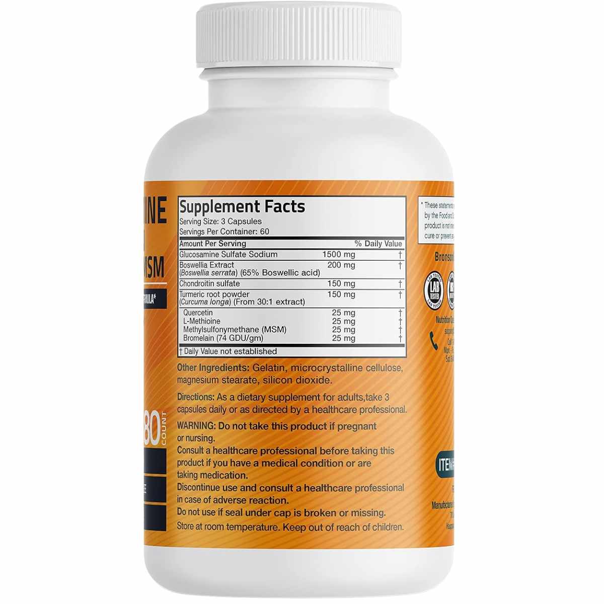 Bronson Glucosamina Condroitina Cúrcuma y MSM - 180 Cápsulas - Tabla Nutricional - Haz Tu Pedido