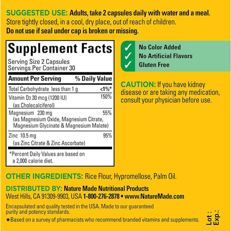 Nature Made Complejo de Magnesio con Vitamina D y Zinc - 60 Cápsulas - Tabla Nutricional - Haz Tu Pedido