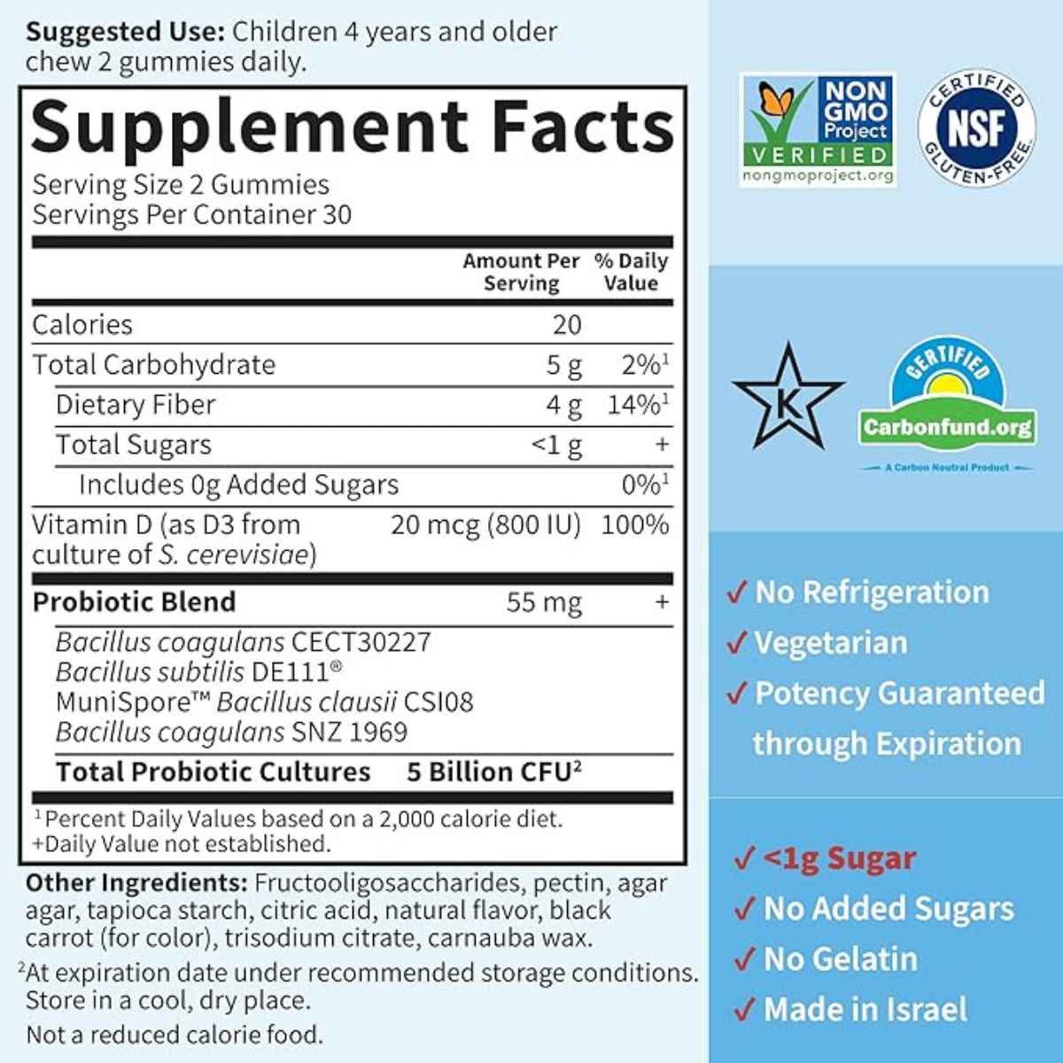  Probióticos y Vitamina D3 para Niños  5 Mil Millones - Sabor Fresa - 60 Gomitas - Tabla Nutricional - Haz Tu Pedido
