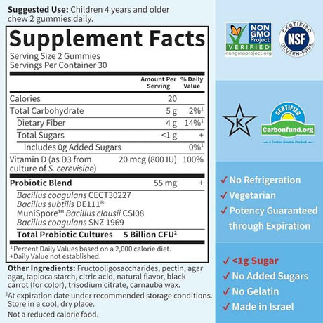  Probióticos y Vitamina D3 para Niños  5 Mil Millones - Sabor Fresa - 60 Gomitas - Tabla Nutricional - Haz Tu Pedido