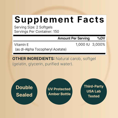 NatureBell Vitamina E para la Piel y Sistema Inmunológico 1000 IU - 300 Cápsulas Blandas - Tabla Nutricional - Haz Tu Pedido