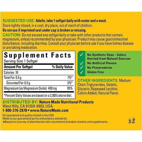 Nature Made Magnesio Extra Fuerte 400 mg - 60 Cápsulas Blandas - Tabla Nutricional - Haz Tu Pedido