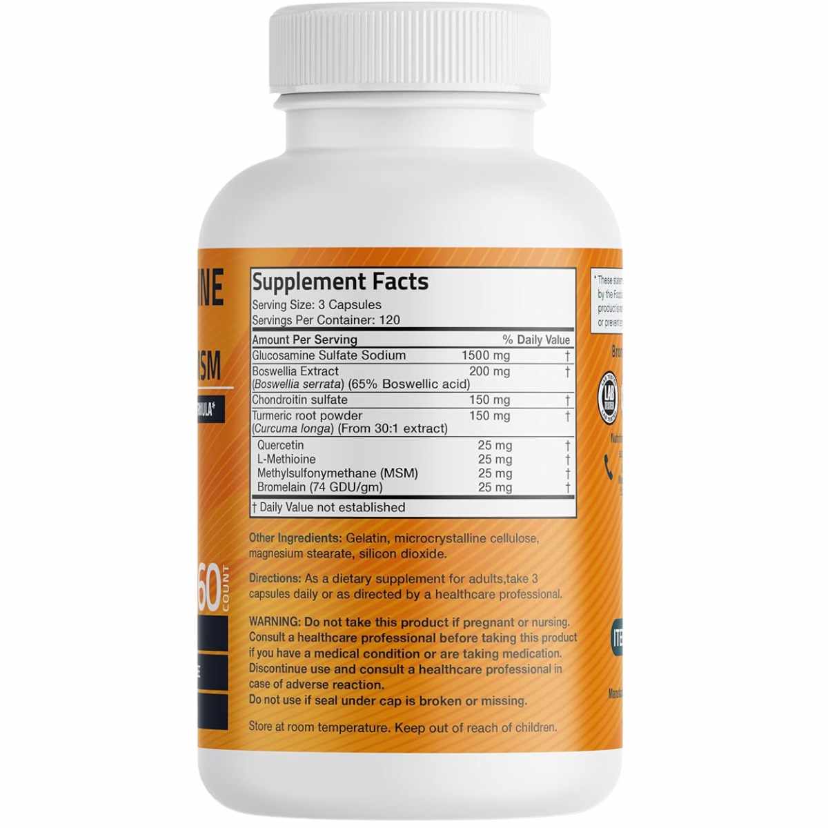 Bronson Glucosamina Condroitina Cúrcuma y MSM - 360 Cápsulas - Tabla Nutricional - Haz Tu Pedido