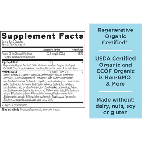 Ancient Nutrition Probióticos de Alta Potencia para Mujeres con Certificación Orgánica Regenerativa - 60 Cápsulas - Tabla Nutricional - Haz Tu Pedido