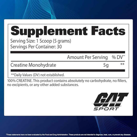 Gat Sport Monohidrato de creatina - 150 g - Tabla Nutricional - Haz Tu Pedido