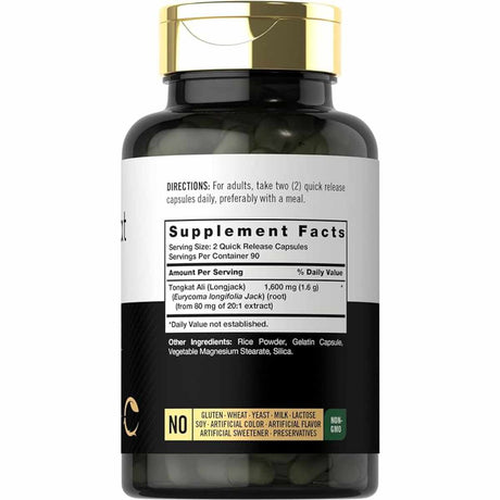 Carlyle Tongkat Ali 1600 mg - 180  Cápsulas de Liberación Rápida - Tabla Nutricional - Haz Tu Pedido