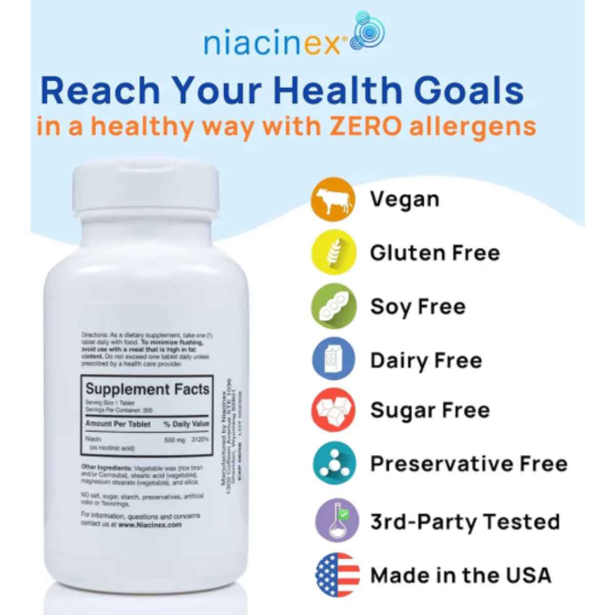 Niacinex - Niacina de Liberación Prolongada (500 mg - 200 Tabletas Vegetarianas)