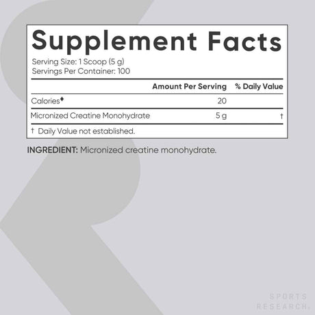 Sports Research Monohidrato de Creatina Micronizada - 500 g - Tabla Nutricional - Haz Tu Pedido