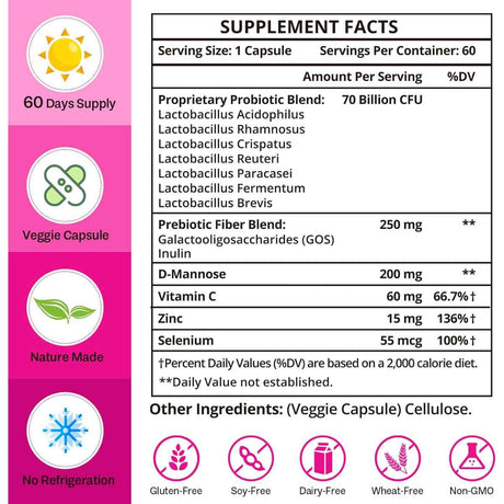 Dmeisy Probióticos y Prebióticos para Mujeres 70 Mil Millones CFU - 60 Cápsulas - Tabla Nutricional - Haz Tu Pedido