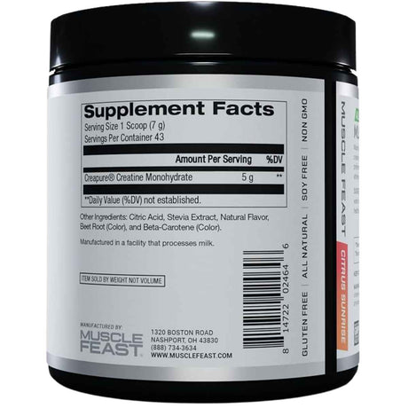 Muscle Feast Monohidrato de creatina premium - Sabor Amanecer cítrico - 300 g - Tabla Nutricional - Haz Tu Pedido