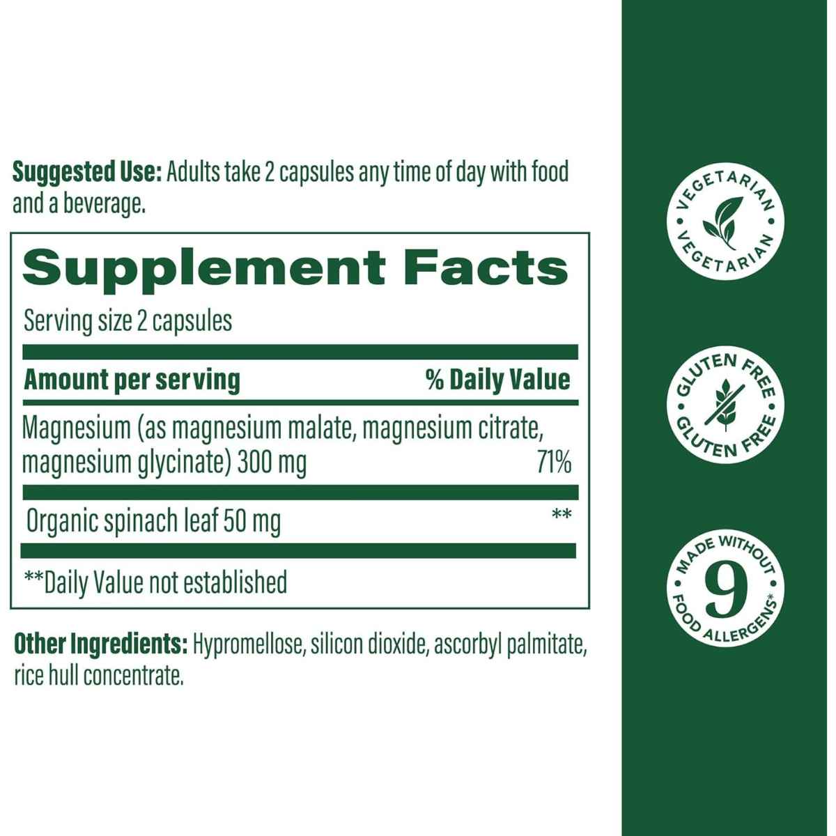 MegaFood Magnesio 300 mg 120 Cápsulas - Tabla Nutricional - Haz Tu Pedido