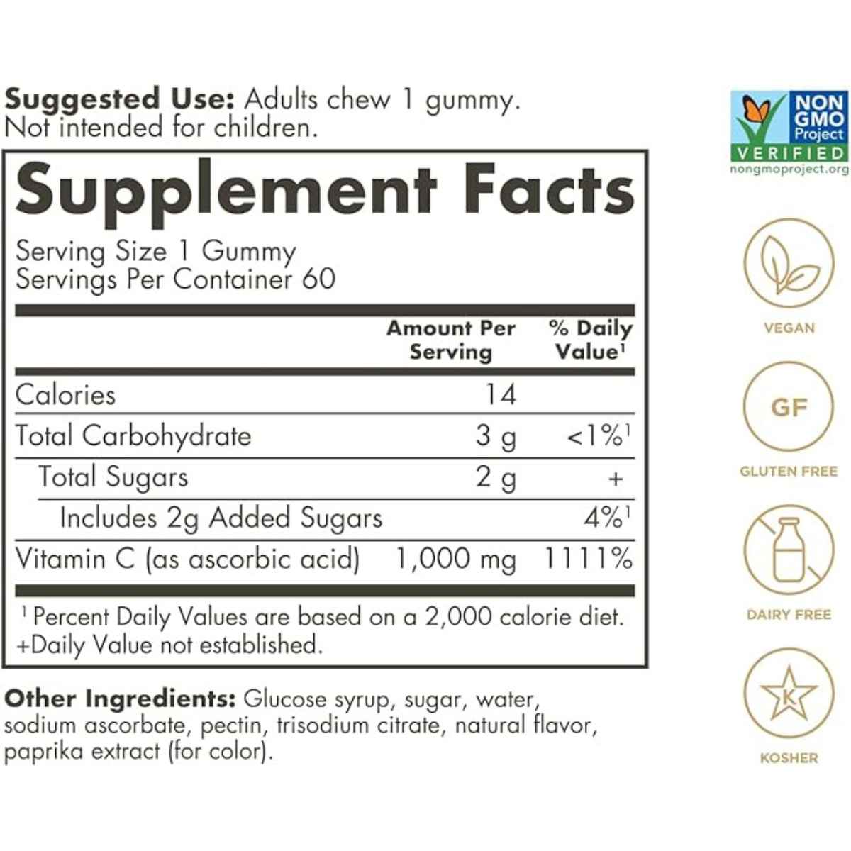 Solgar Vitamin C 1000 mg - Sabor Naranja - 60  Gomitas - Tabla Nutricional - Haz Tu Pedido