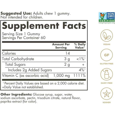 Solgar Vitamin C 1000 mg - Sabor Naranja - 60  Gomitas - Tabla Nutricional - Haz Tu Pedido