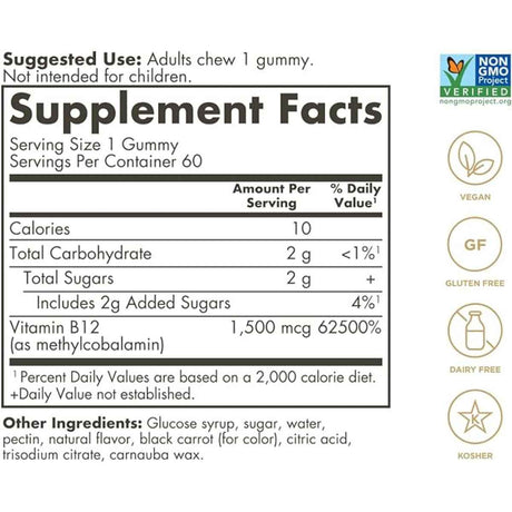 Solgar Vitamina B12 1500 mg - Sabor Frambuesa - 60 Gomitas - Tabla Nutricional - Haz Tu Pedido