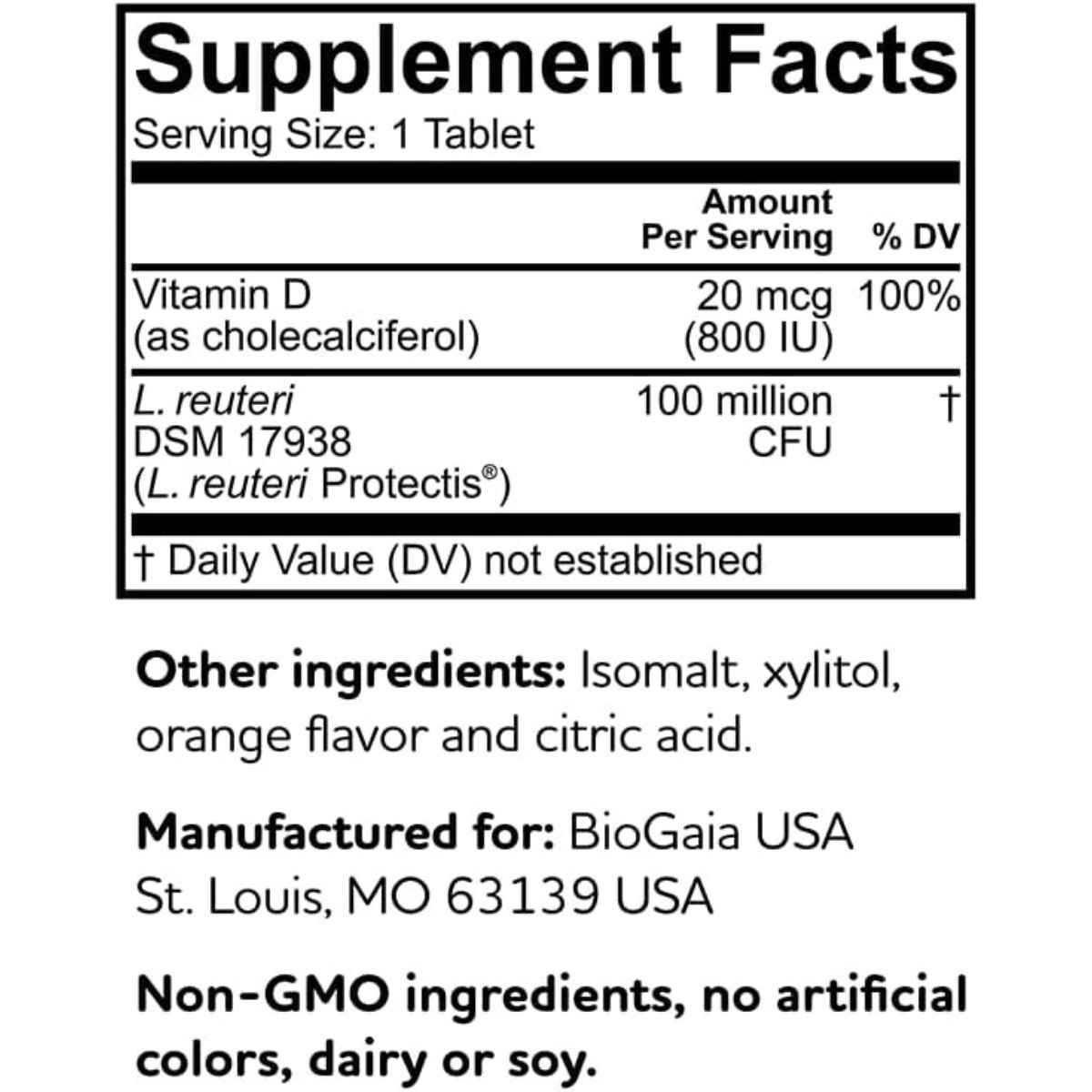 BioGaia Probiótico Con Vitamina D Para Niños - Sabor Naranja - 30 Tabletas Masticable - Tabla Nutricional - Haz Tu Pedido