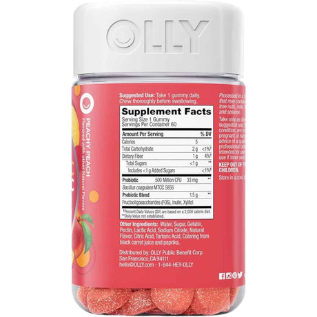 OLLY Probióticos Con Prebióticos 500 Mil Millones CFU - Sabor Melocotón - 60 Gomitas - Tabla Nutricional - Haz Tu Pedido