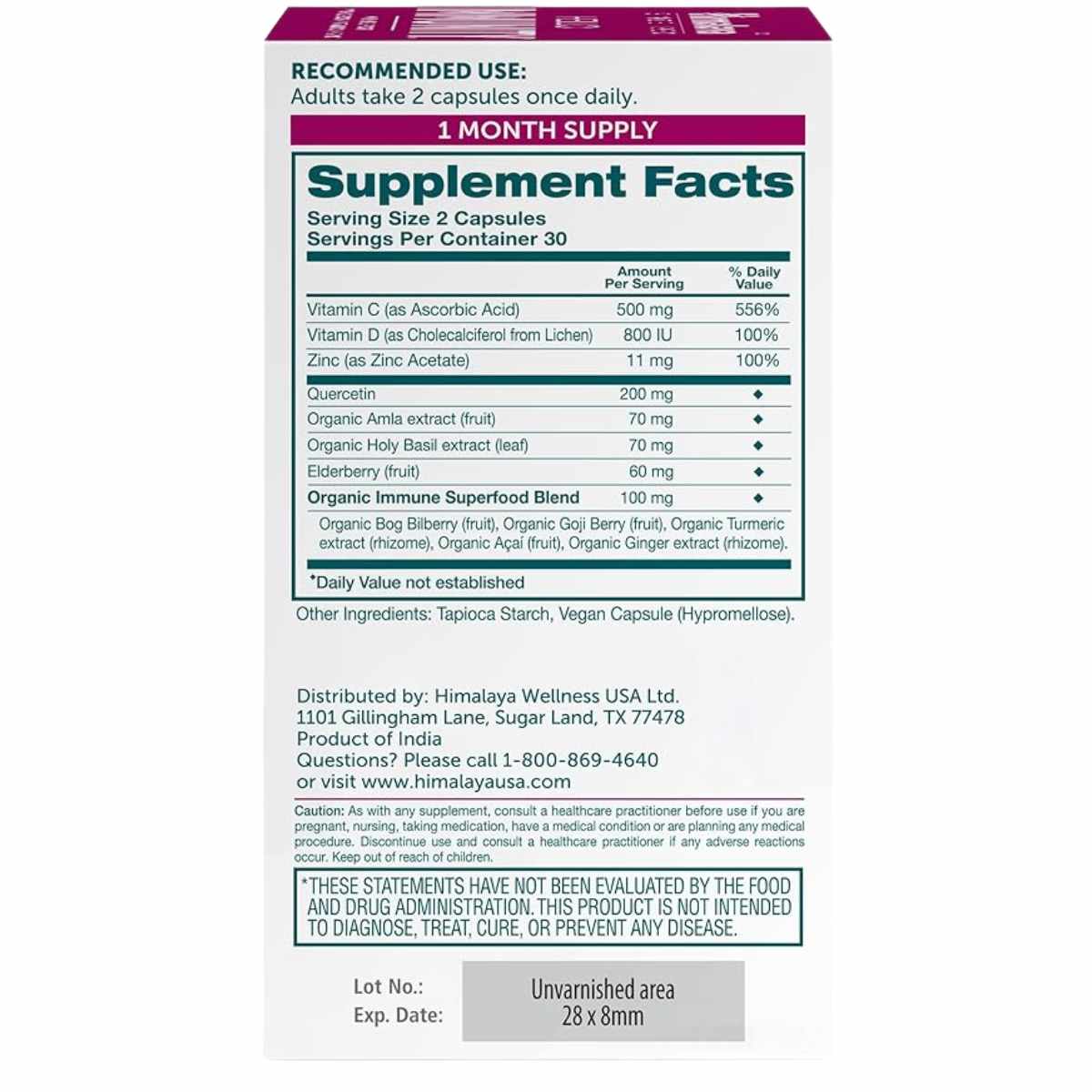 Himalaya Soporte Inmunológico - 60 Cápsulas Veganas - Tabla Nutricional - Haz Tu Pedido
