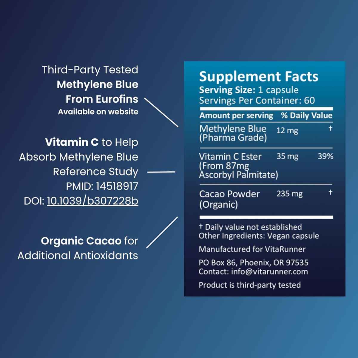 Nutricel Supplements - Azul de Metileno Grado USP (12 mg - 60 Cápsulas)