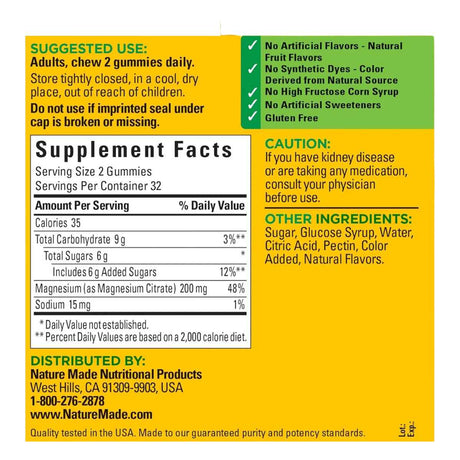 Nature Made Citrato de Magnesio 200 mg - Sabor Mezcla de Bayas - 64 Gomitas - Tabla Nutricional - Haz Tu Pedido