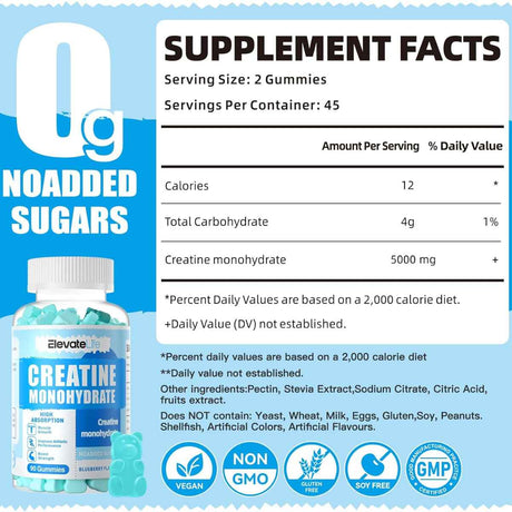Elevate Life monohidrato de Creatina - Sabor Arándano Azul - 90 Gomitas - Tabla Nutricional - Haz Tu Pedido