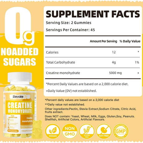 Elevate Life monohidrato de Creatina - Sabor Piña - 90 Gomitas - Tabla Nutricional - Haz Tu Pedido