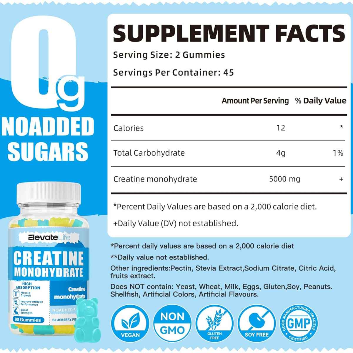 Elevate Life monohidrato de Creatina - Sabor Arándano piña - 90 Gomitas - Tabla Nutricional - Haz Tu Pedido