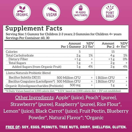 Llama Naturals Prebiótico y Probiótico Para Niños - Sabor Mezcla bayas - 60 Gomitas - Tabla Nutricional - Haz Tu Pedido