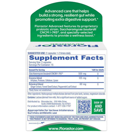Florastor Suplemento Avanzado Probiótico Digestivo para Alivio de Distensión e Hinchazón - 30 Cápsulas Vegetales - Tabla Nutricional - Haz Tu Pedido