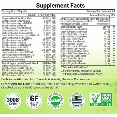 Tbivfller Probióticos y Prebióticos 300 Mil Millones CFU - 60 Cápsulas - Tabla Nutricional - Haz Tu Pedido
