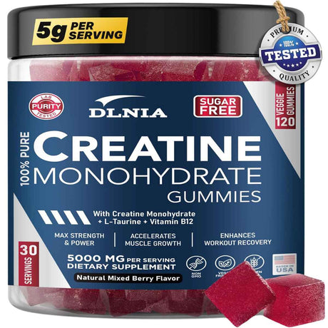 DLNIA monohidrato de Creatina 5000 mg - Sabor Mezcla de Bayas - 120 Gomitas - Haz Tu Pedido