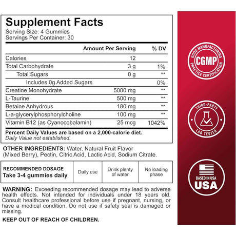 DLNIA monohidrato de Creatina 5000 mg - Sabor Mezcla de Bayas - 120 Gomitas - Tabla Nutricional - Haz Tu Pedido