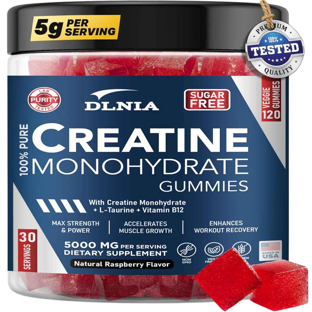 DLNIA monohidrato de Creatina 5000 mg - Sabor Frambuesa - 120 Gomitas - Haz Tu Pedido