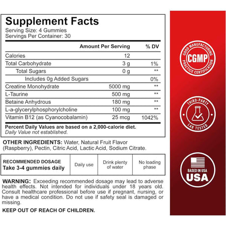 DLNIA monohidrato de Creatina 5000 mg - Sabor Frambuesa - 120 Gomitas - Tabla Nutricional - Haz Tu Pedido