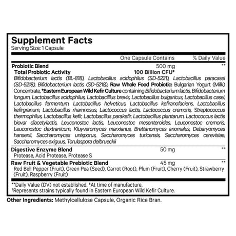Codeage  Probiótico Potencia El Bienestar Intestinal 100 Mil Millones CFU - 30 Cápsulas Vegetales - Tabla Nutricional - Haz Tu Pedido
