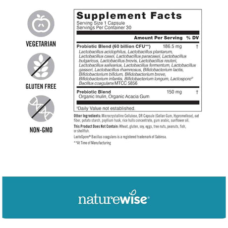 NatureWise Probioticos 60 Mil Millones CFU - 30 Cápsulas - Tabla Nutricional - Haz Tu Pedido