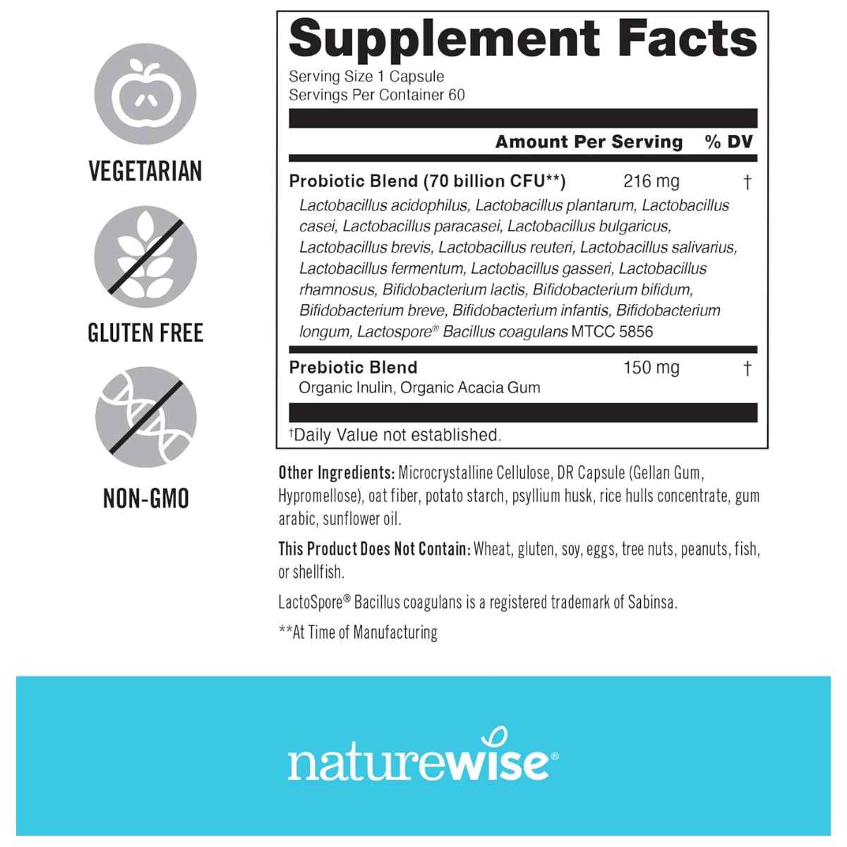 NatureWise Probioticos 70 Mil Millones CFU - 60 Cápsulas - Tabla Nutricional - Haz Tu Pedido