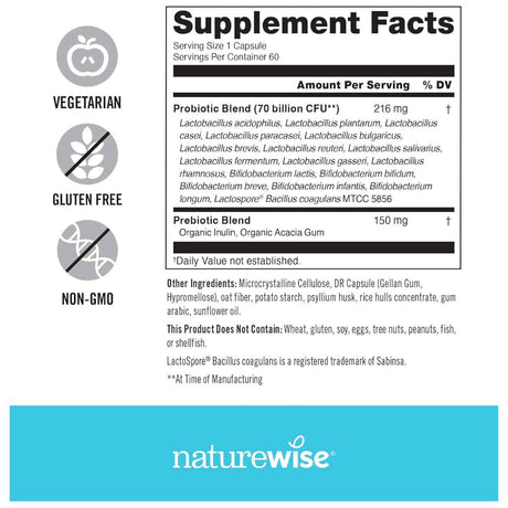 NatureWise Probioticos 70 Mil Millones CFU - 60 Cápsulas - Tabla Nutricional - Haz Tu Pedido