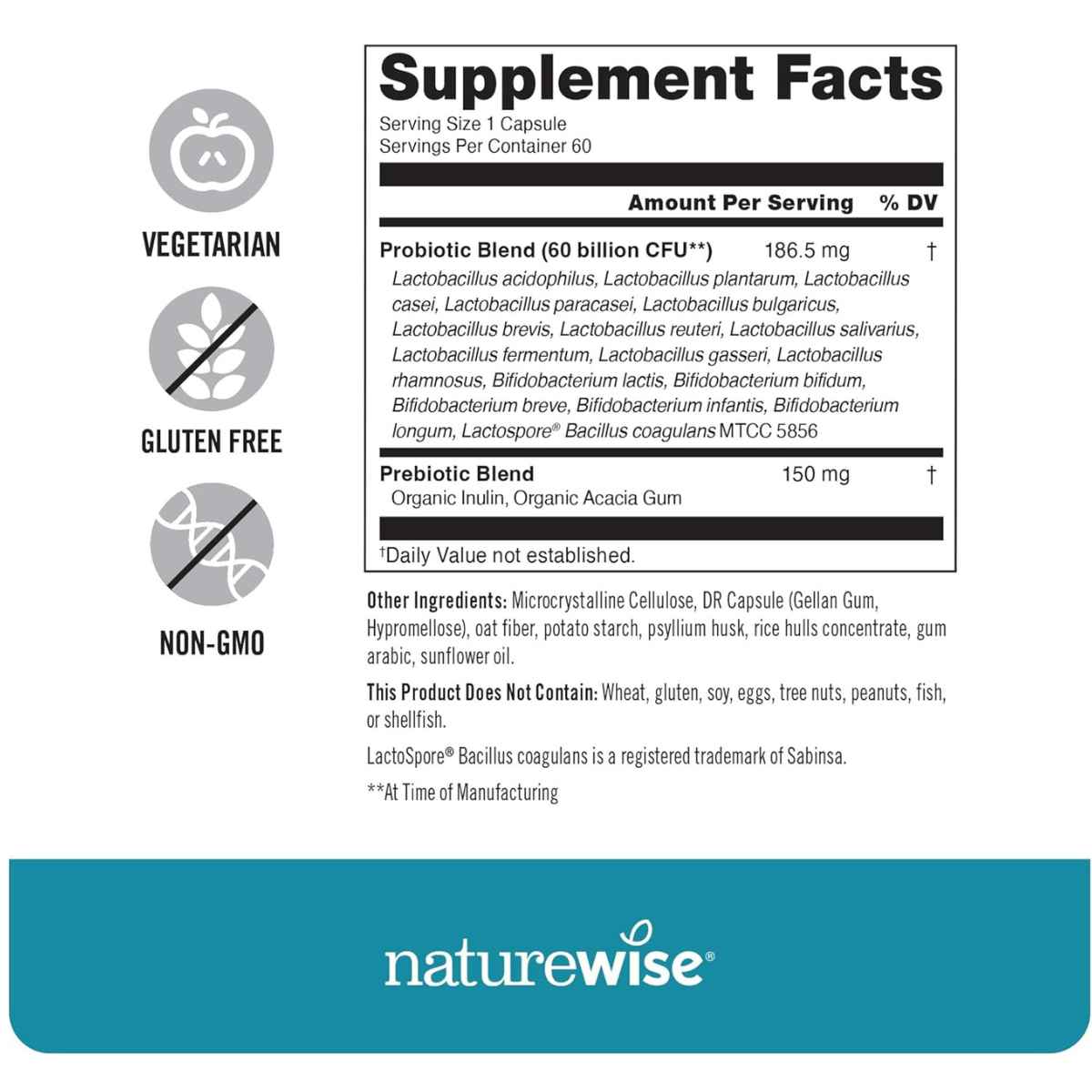 NatureWise Probioticos 60 Mil Millones CFU - 60 Cápsulas - Tabla Nutricional - Haz Tu Pedido